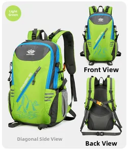 Multiple views of 40L light green waterproof hiking backpack with ergonomic S-straps