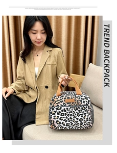 Fashionable leopard print insulated lunch bag with durable brown handles and front pocket