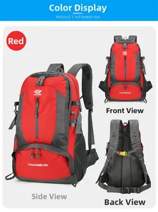 Meerdere weergaven van een rode 50L outdoor wandelrugzak met ergonomisch draagsysteem