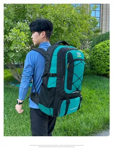 Detail of lake blue hiking backpack with ergonomic padded straps and side mesh pocket