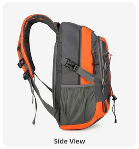 Detail view of orange hiking backpack showing side mesh pocket and adjustable buckle straps
