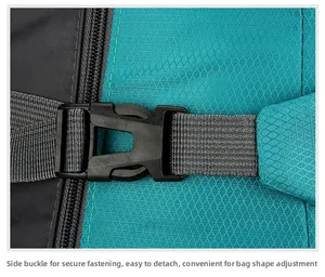 Detail of outdoor backpack featuring side buckle and adjustable grey straps for stability