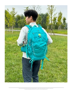 Detailed view of ergonomic back support and straps on teal hiking backpack for comfort