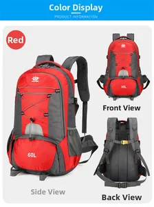 Drei Ansichten des wasserfesten roten 60L Outdoor-Rucksacks mit atmungsaktiven Gurten