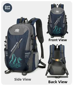 Three-sided view of blue hiking backpack with honeycomb breathable back system