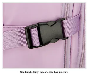 Detail of adjustable side buckle and purple nylon fabric texture for travel backpack
