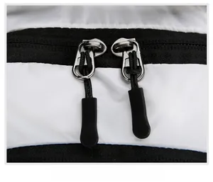 Detail of durable two-way zippers on water-resistant large capacity hiking backpack