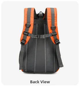 Detail of the breathable mesh back panel and adjustable chest straps on the hiking backpack