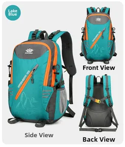 Detail view of 40L lake blue hiking backpack with orange zippers and ergonomic straps