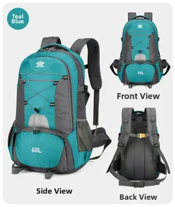 Drei-Winkel-Ansicht des 60L seeblauen Wanderrucksacks aus verstärktem Nylongewebe