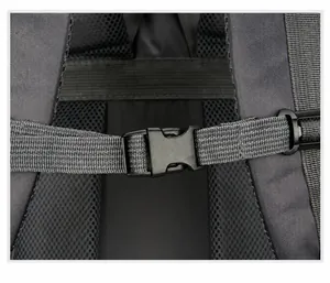Detail of the adjustable chest buckle and breathable mesh on the outdoor hiking backpack
