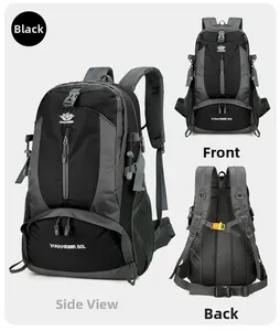 Multi-angle weergaven van een zwarte 50L outdoor wandelrugzak met grote capaciteit