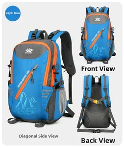 Detailed views of the blue 40L hiking backpack showing ergonomic straps and side mesh