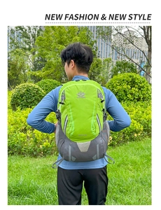 Outdoor 40L hiking backpack in green and grey with reflective strips and side mesh pockets