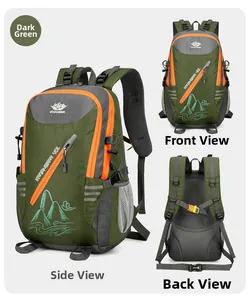 Multiple views of a 40L deep green hiking backpack with orange zipper details