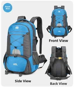 Details zum wasserdichten 60L Wanderrucksack in Königsblau mit Front-, Rück- und Seitenansicht