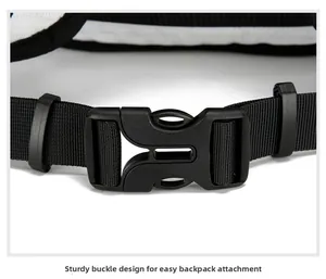 Detail of high-strength quick-release buckle and adjustable strap on hiking backpack