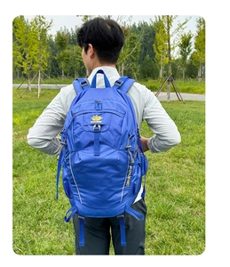 Blue outdoor hiking backpack side view showing large capacity and adjustable buckles