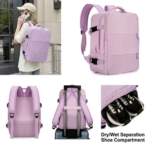 Large Capacity Travel Backpack Women Business Laptop Bag Waterproof Oxford Cloth USB Port Dry Wet Separation Shoe Compartment
