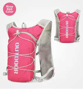 Detail of rose red running hydration vest with breathable mesh and elastic drawstring