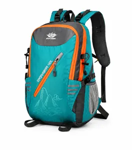 Blue 40L hiking backpack detail featuring waterproof nylon fabric and multiple compartments