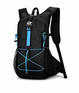 Side view of black outdoor cycling backpack with blue elastic cords and VANAHEIMR logo