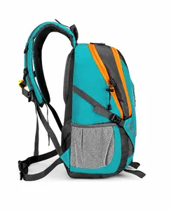 Side view of blue hiking backpack showing breathable mesh back padding and orange zippers