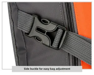 Close-up of sturdy black plastic buckle and grey nylon strap on hiking backpack