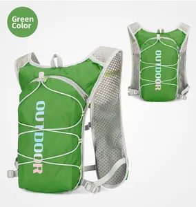 Detail of green hydration vest featuring adjustable chest straps and breathable grey mesh