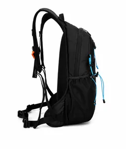 Detail of ergonomic breathable mesh back panel and S-shaped straps on black cycling backpack