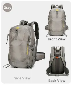 Detailed views of gray 25L hiking backpack featuring professional ergonomic back system