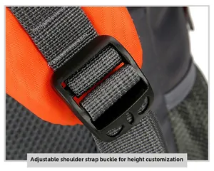 Close-up of adjustable shoulder strap buckle and breathable mesh padding on backpack