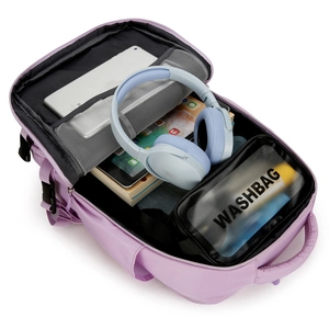 Large light purple travel backpack with padded laptop compartment and mesh pockets