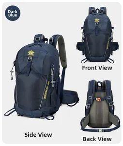 Three-view perspective of 35L navy blue waterproof hiking backpack with ergonomic straps