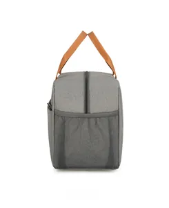 Side view of gray insulated lunch bag with brown handles and a practical mesh side pocket