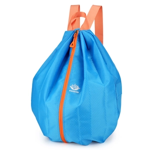Blue foldable sports backpack with orange zippers and water resistant honeycomb fabric