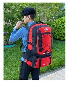Close-up of 75L outdoor hiking backpack with VANAHEIMR logo in red and black nylon