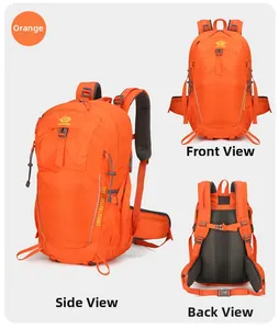 Detailed views of 35L orange hiking backpack with multiple storage compartments