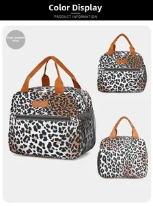 Detail view of grey leopard print insulated lunch bag with side mesh pocket and brown handles