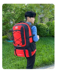 75L large capacity hiking backpack in red and black with breathable back support