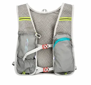 Detail of lightweight running hydration vest with breathable mesh and reflective safety strips