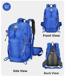 Detail view of sapphire blue hiking backpack with breathable back padding and waist straps
