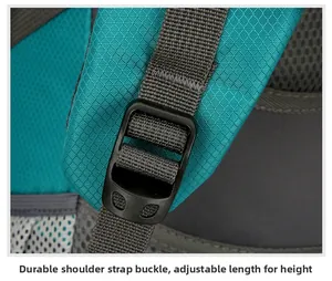 Close-up of adjustable shoulder strap with durable buckle on blue hiking backpack
