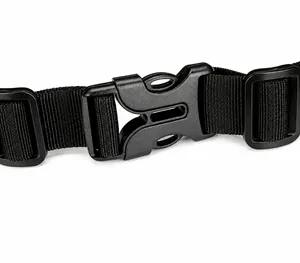 Detail of durable black plastic buckle and heavy-duty nylon strap on cycling backpack