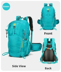 Detailed views of 35L teal hiking backpack with breathable mesh padding and buckles