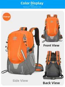 Three-view display of orange 45L outdoor backpack with padded straps and mesh pockets