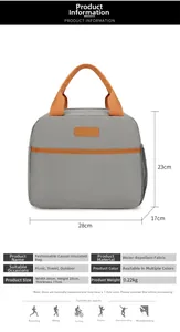 Detail of grey insulated lunch bag showing water-repellent fabric and mesh side pocket