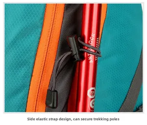 Close-up of hiking backpack side attachment system for trekking poles and durable fabric