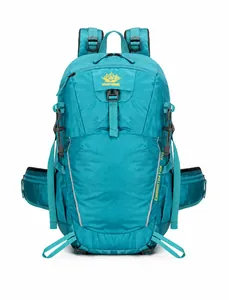 Detail view of VANAHEIMR 36L blue hiking backpack with ripstop nylon and waist pockets