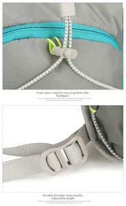 Detail of running backpack with adjustable nylon cord system and reflective safety strips